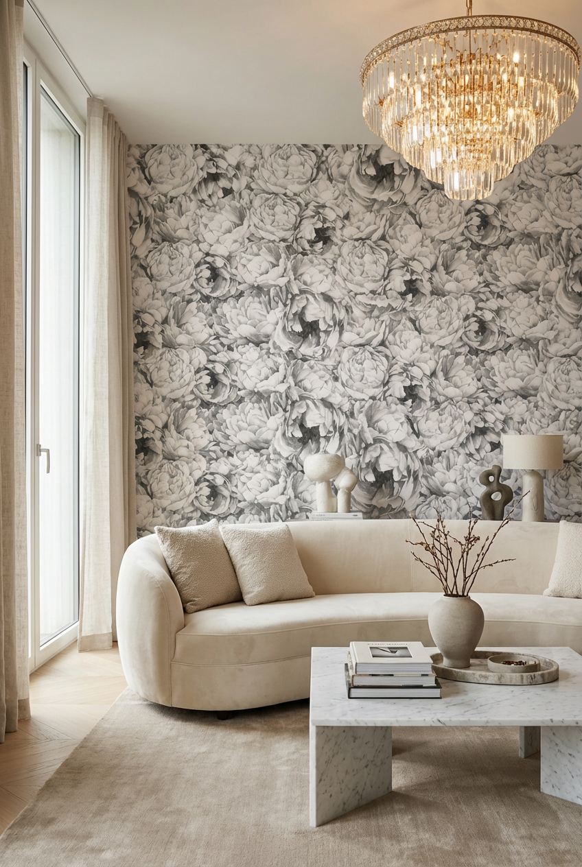 Vintage Grey Peony Pattern Wallpaper