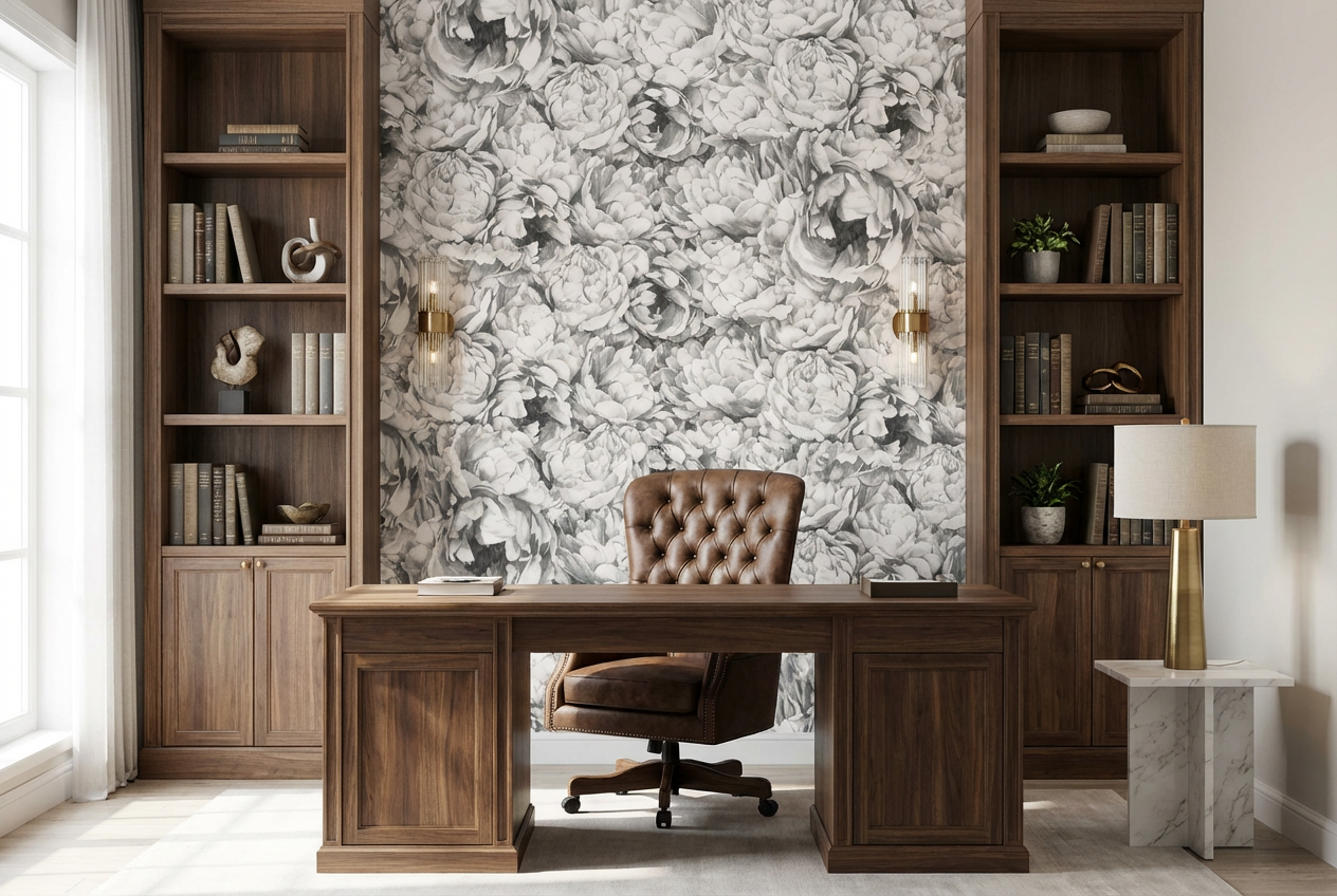 Vintage Grey Peony Pattern Wallpaper