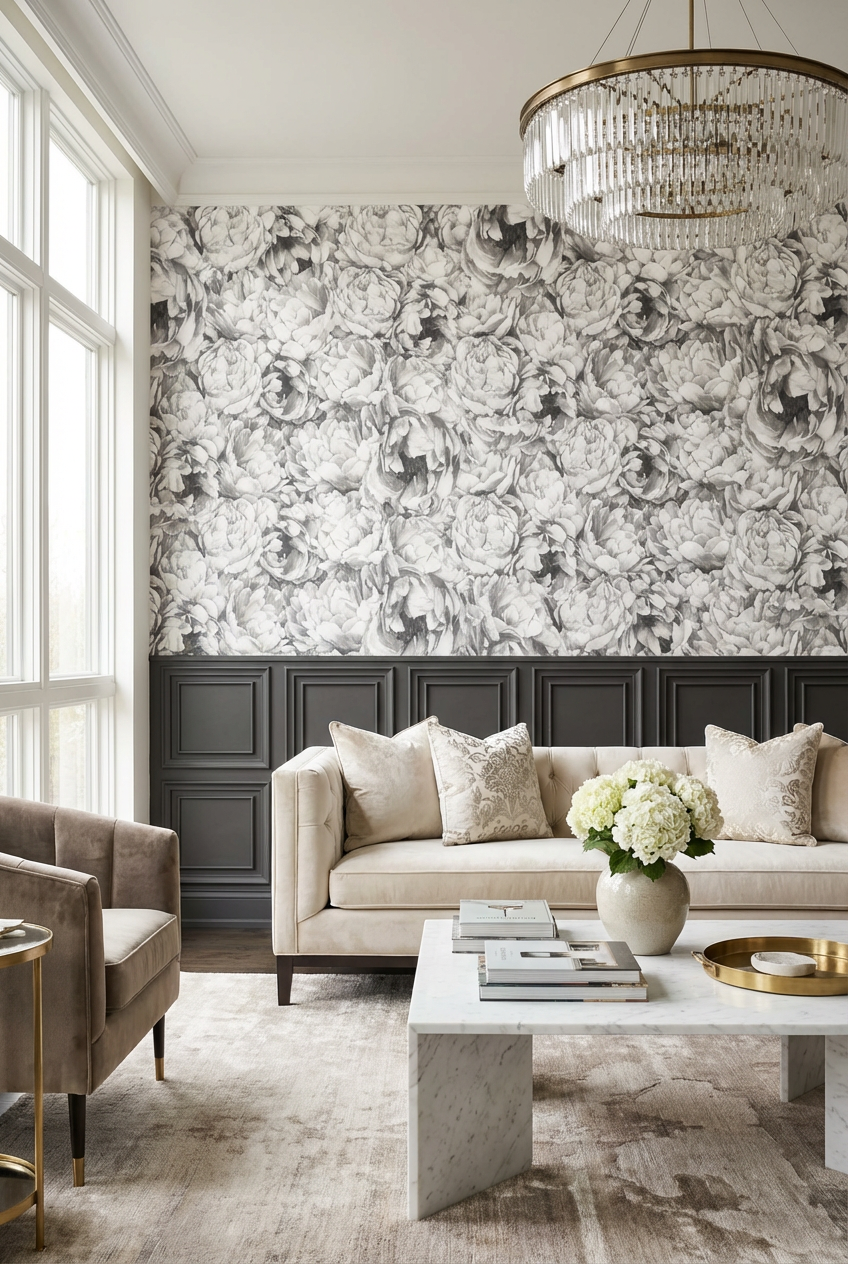 Vintage Grey Peony Pattern Wallpaper