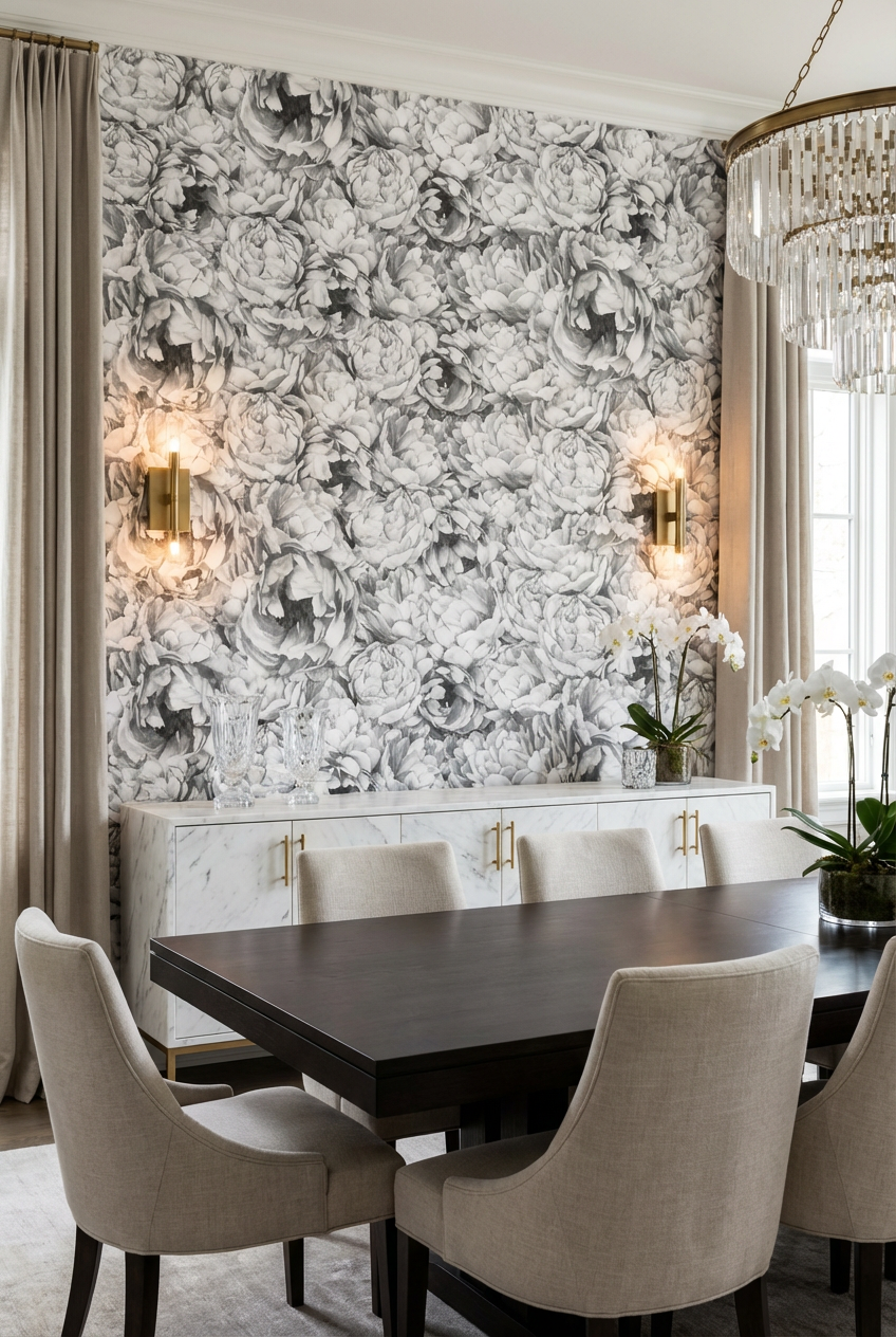 Vintage Grey Peony Pattern Wallpaper