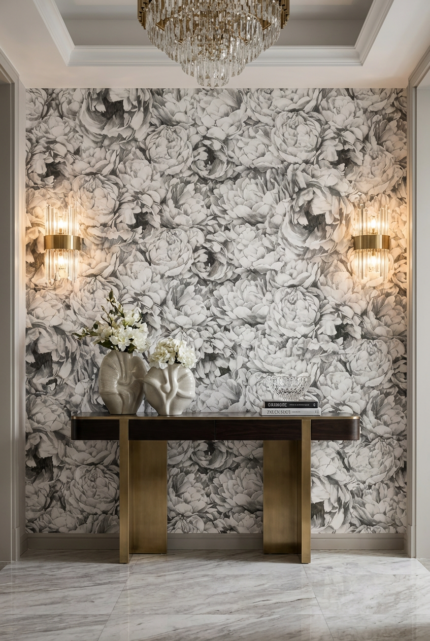 Vintage Grey Peony Pattern Wallpaper