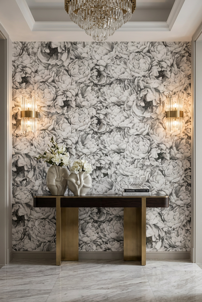 Vintage Grey Peony Pattern Wallpaper