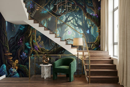 Teal Glow Enchanted Forest Wallpaper Mural - image 9