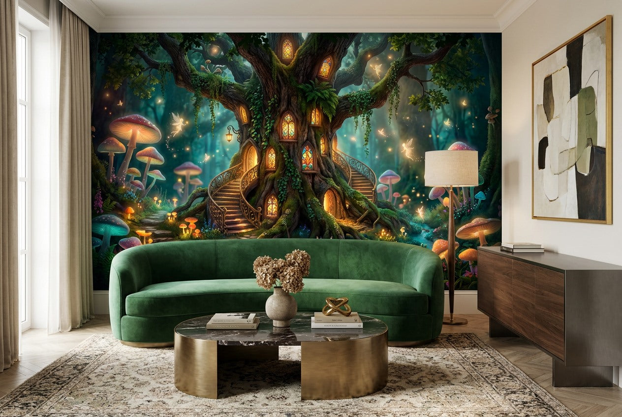 Teal Mushroom Tree Enchanted Forest Wallpaper Mural - image 1