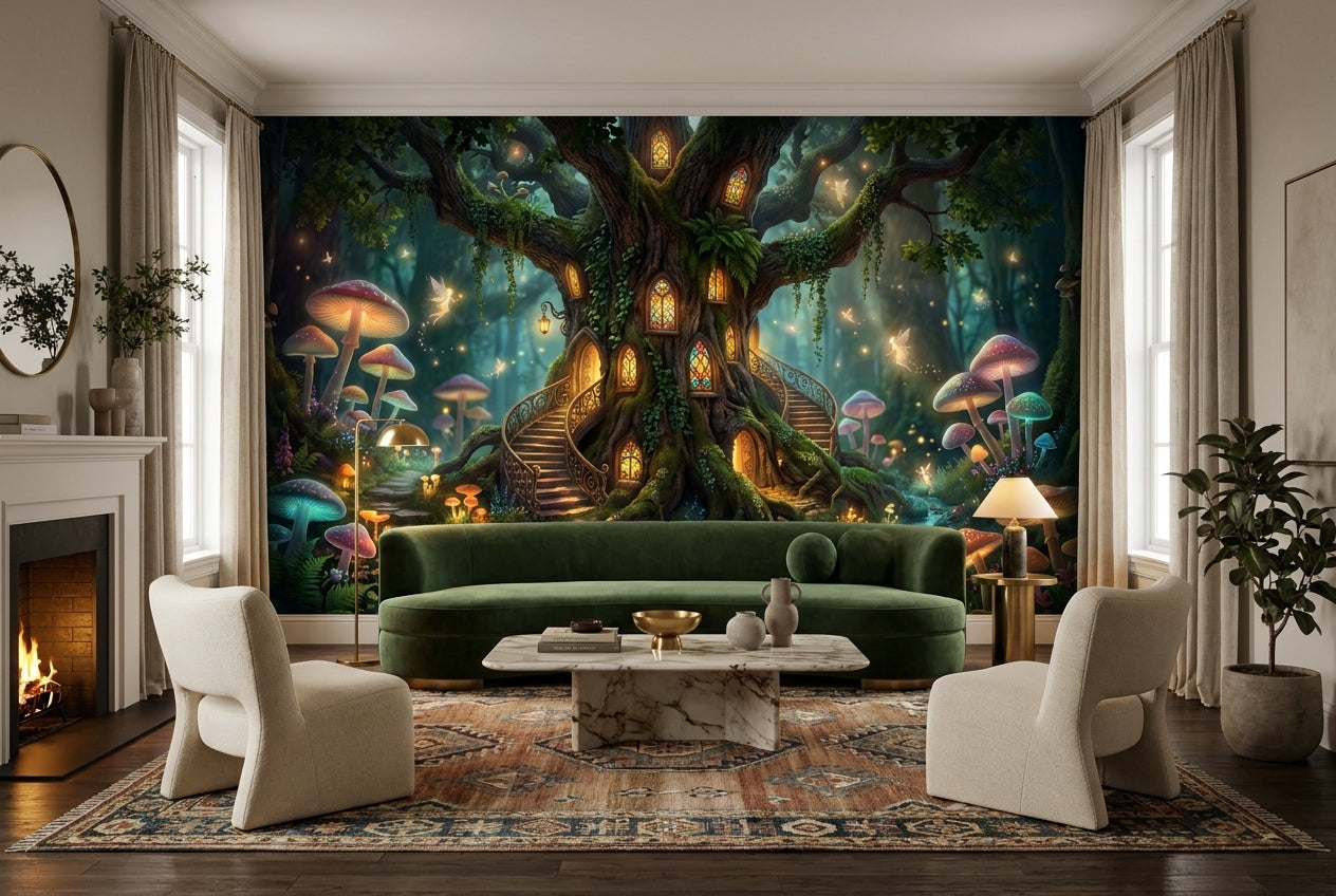 Teal Mushroom Tree Enchanted Forest Wallpaper Mural - image 3