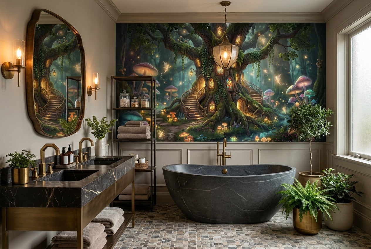 Teal Mushroom Tree Enchanted Forest Wallpaper Mural - image 4
