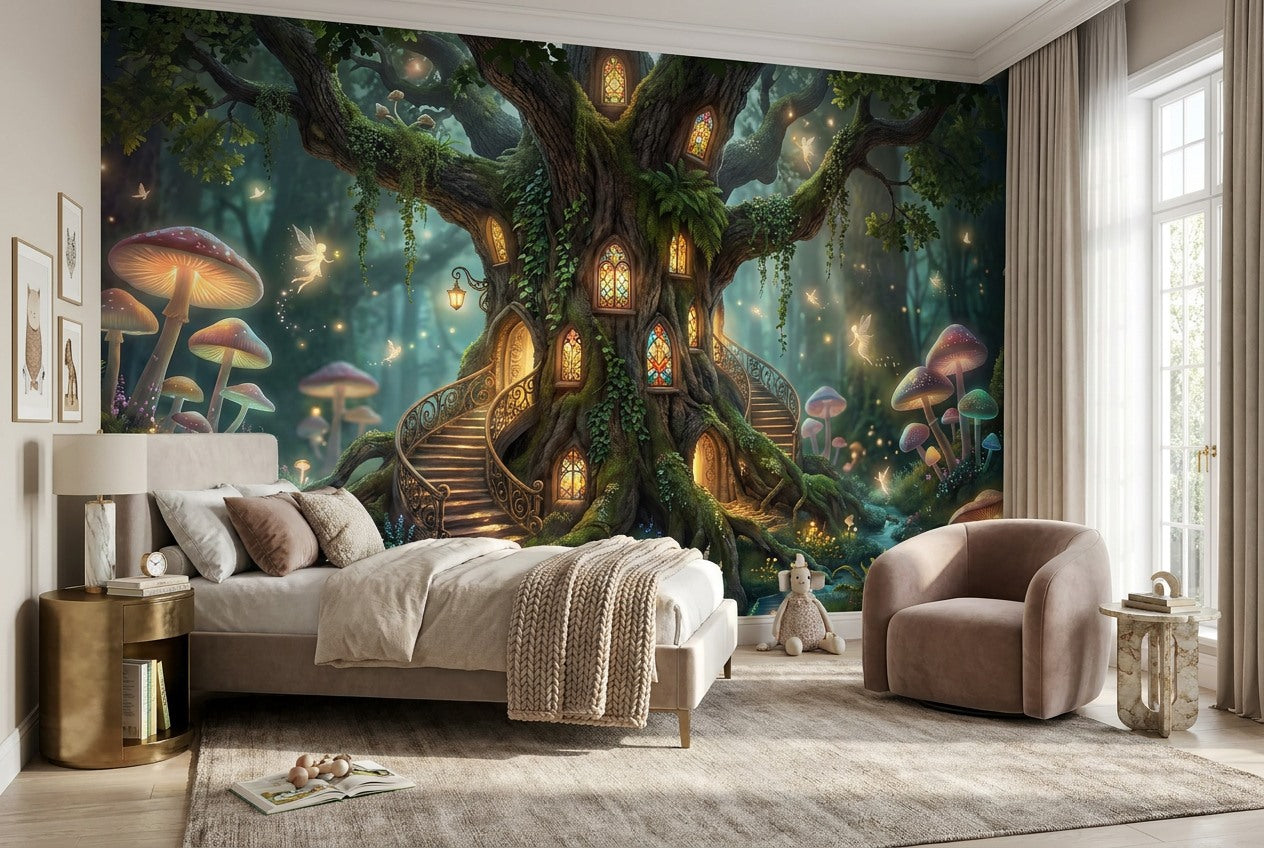 Teal Mushroom Tree Enchanted Forest Wallpaper Mural - image 6