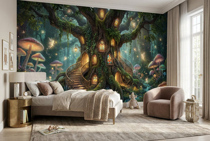 Teal Mushroom Tree Enchanted Forest Wallpaper Mural - image 6