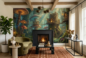 Teal Mushroom Town Enchanted Forest Wallpaper Mural