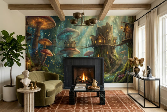 Teal Mushroom Town Enchanted Forest Wallpaper Mural - image 1