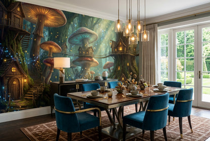 Teal Mushroom Town Enchanted Forest Wallpaper Mural - image 3
