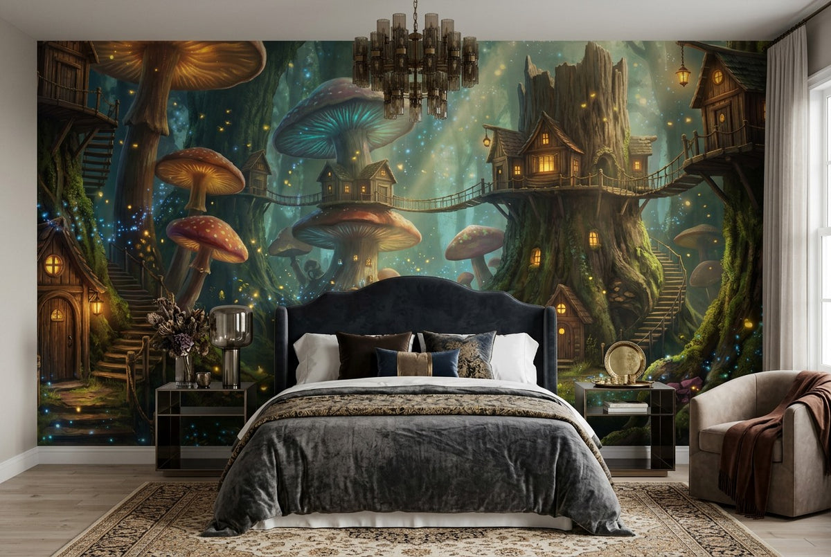 Teal Mushroom Town Enchanted Forest Wallpaper Mural - image 4