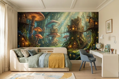 Teal Mushroom Town Enchanted Forest Wallpaper Mural - image 5