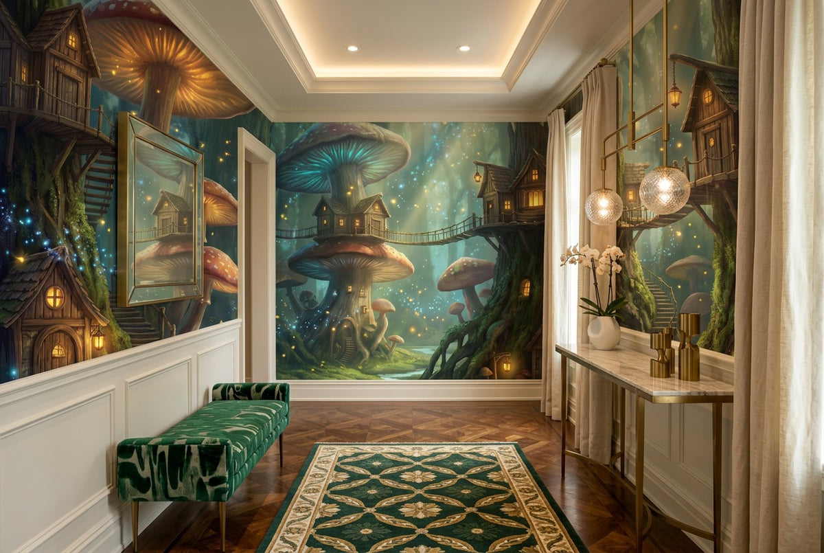 Teal Mushroom Town Enchanted Forest Wallpaper Mural - image 6