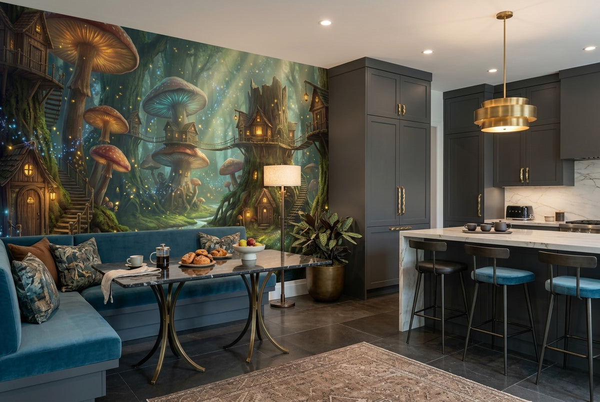 Teal Mushroom Town Enchanted Forest Wallpaper Mural - image 7