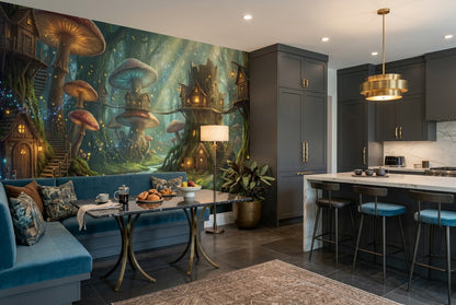 Teal Mushroom Town Enchanted Forest Wallpaper Mural - image 7