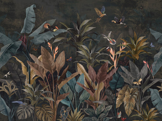 Moody Navy Dark Jungle Wallpaper Mural pattern detail
