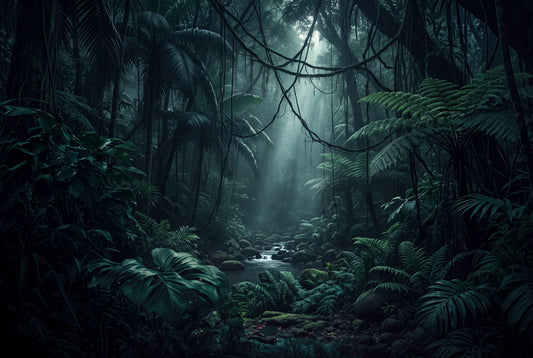 Mysterious Teal Dark Jungle Wallpaper Mural pattern detail