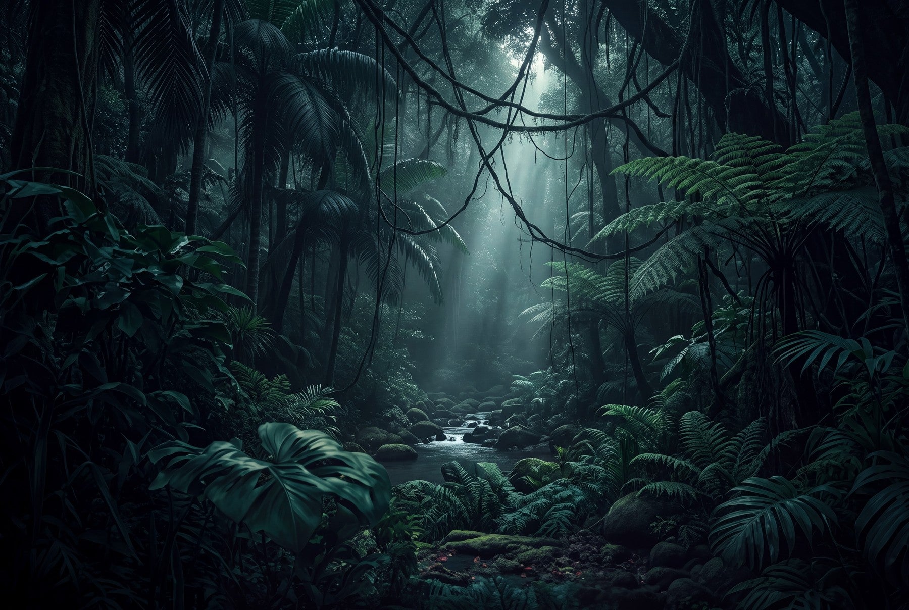 Mysterious Teal Dark Jungle Wallpaper Mural pattern detail