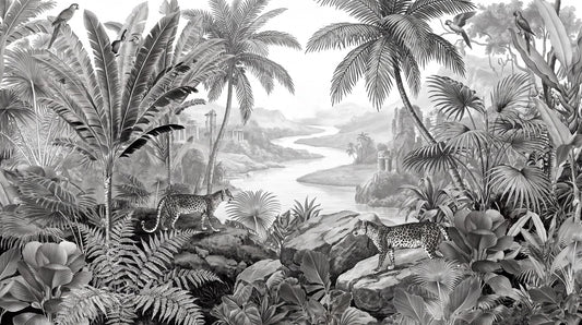 Tropical Gray Dark Jungle Wallpaper Mural pattern detail