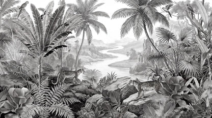Tropical Gray Dark Jungle Wallpaper Mural pattern detail