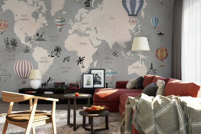 Whimsical World Map Hot Air Balloons Mural Wallpaper in living room