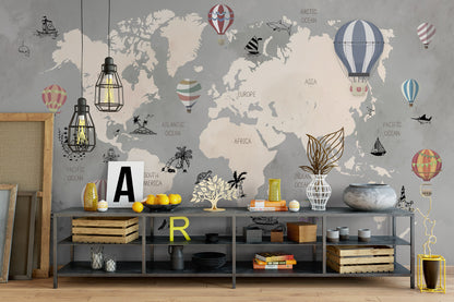 Whimsical World Map Hot Air Balloons Mural Wallpaper in living room