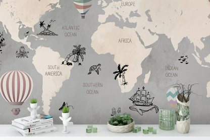 Whimsical World Map Hot Air Balloons Mural Wallpaper in playroom