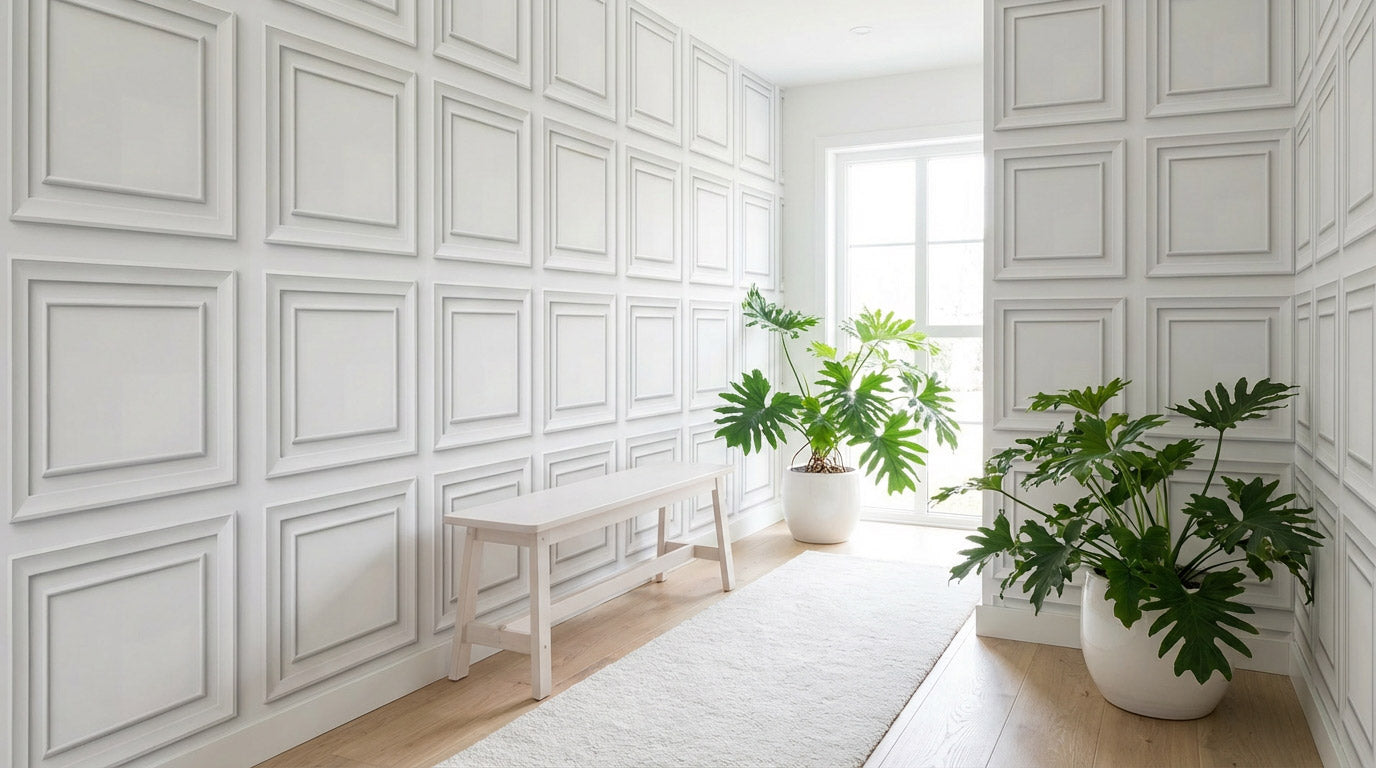 White Classic Panel Grid Wallpaper