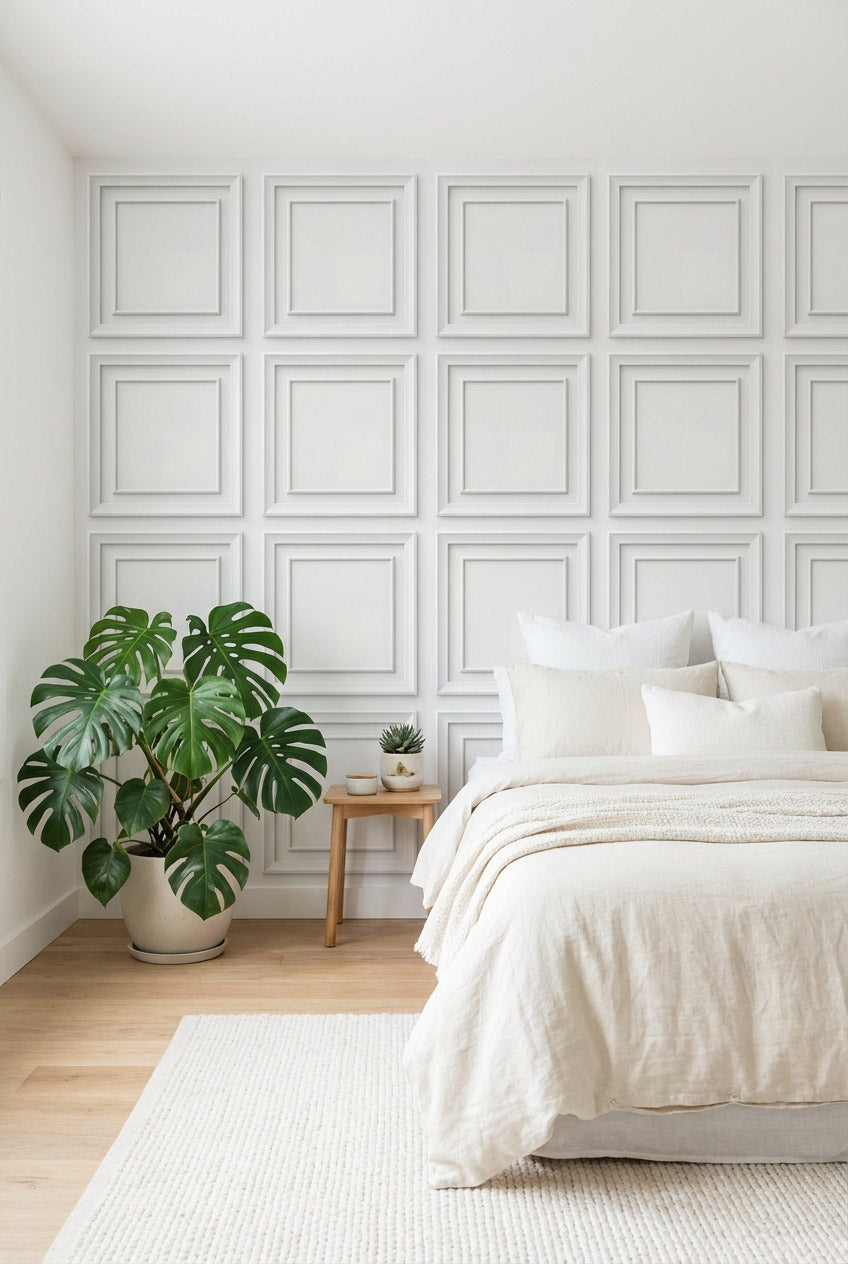 White Classic Panel Grid Wallpaper