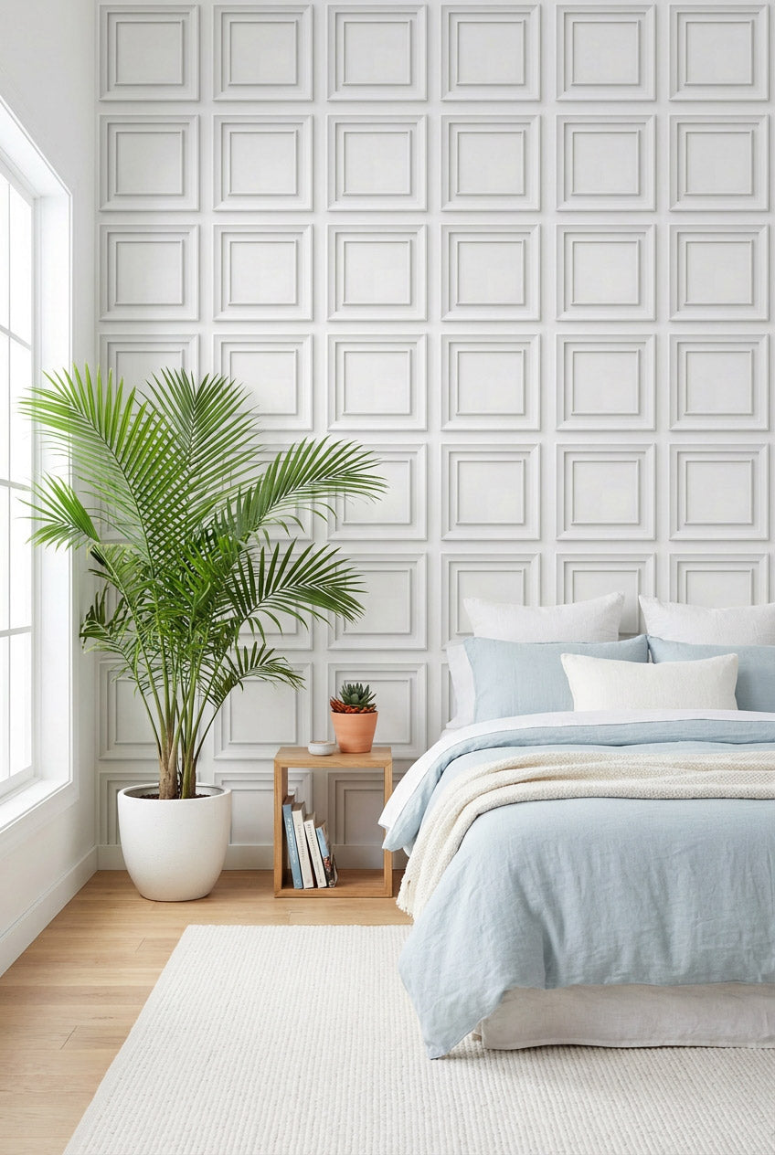 White Classic Panel Grid Wallpaper