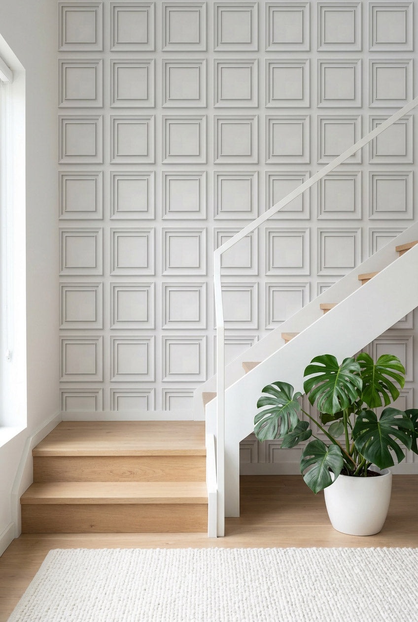 White Classic Panel Grid Wallpaper