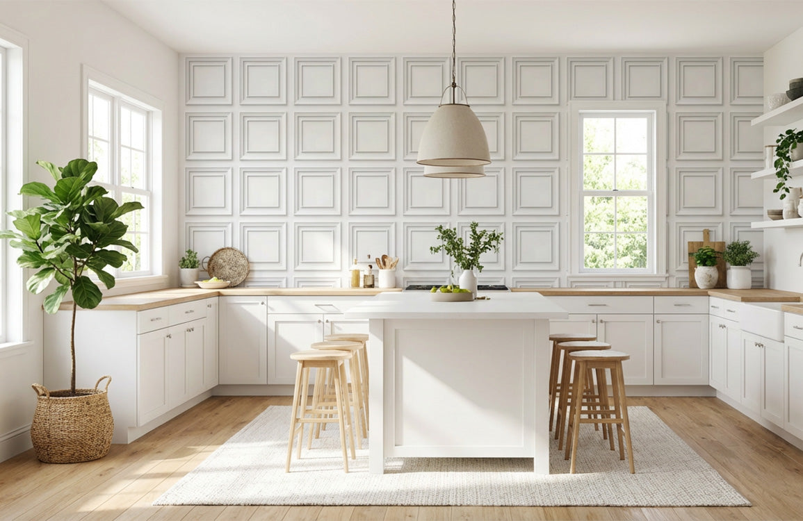 White Classic Panel Grid Wallpaper