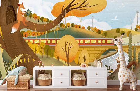 Autumn Fox Landscape Kids Room Mural Wallpaper