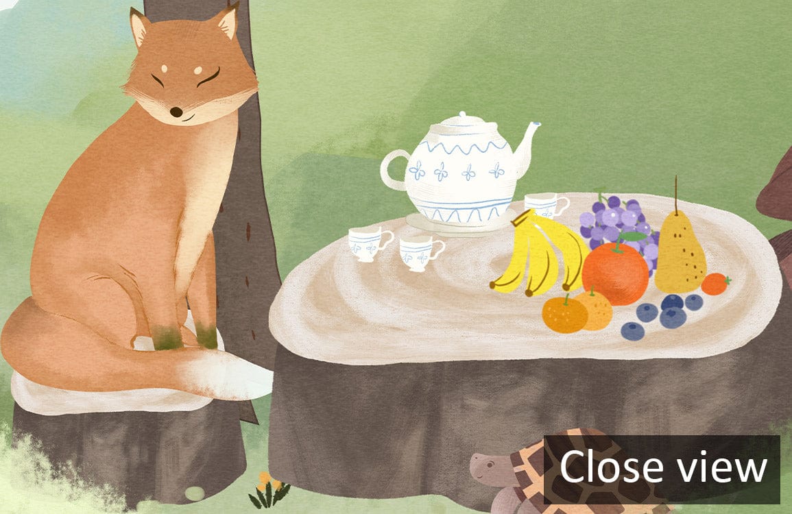Whimsical forest mural: fox, tea set, fruit, tortoise decor for children's room ambiance.
