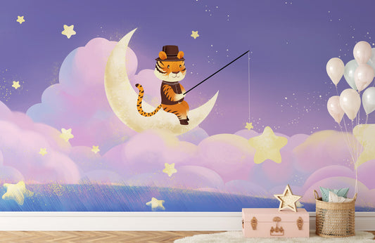 Charming Cat Fishing Moon Mural Wallpaper