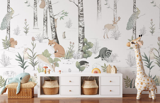 Murale de papier peint de nursery d'animaux de la forêt enchantée