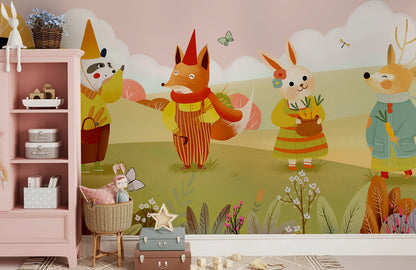 Carta da parati murale per bambini con animali della foresta fantasiosi