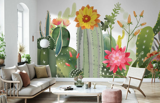 Carta da parati floreale botanica con cactus