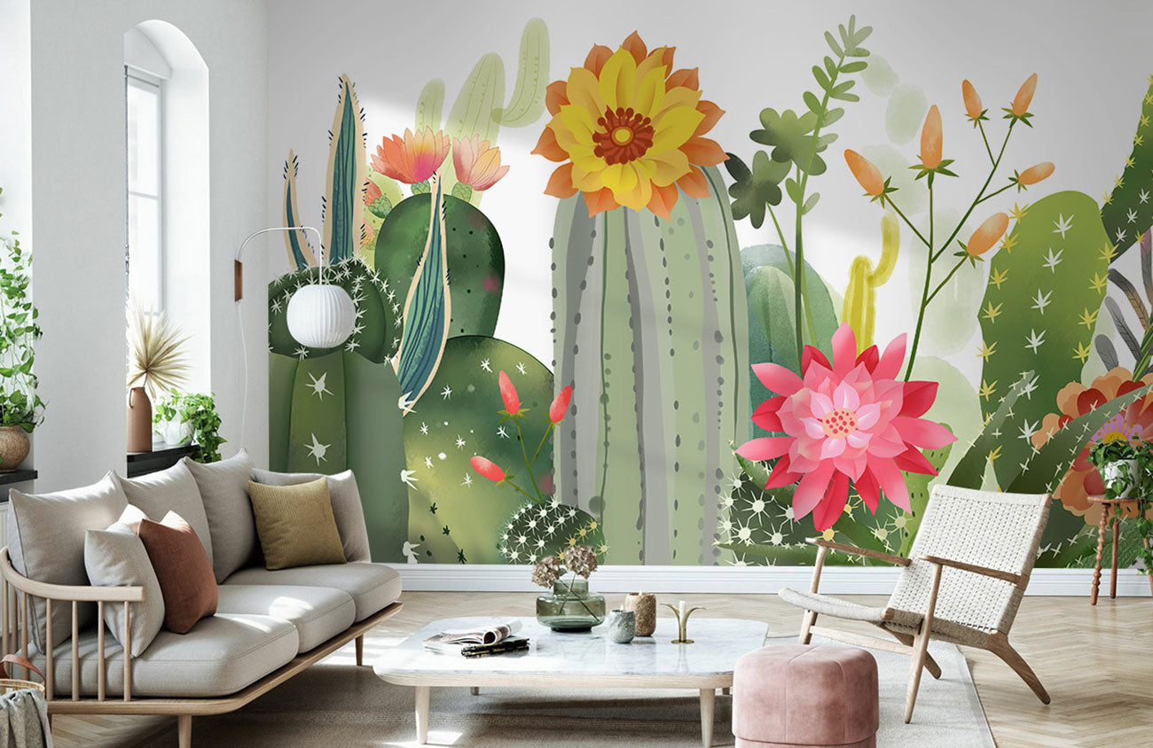 Botanical Cactus Floral Mural Wallpaper