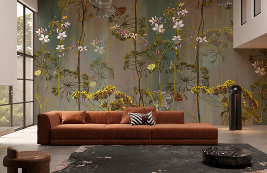 Elegant Floral Botanical Garden Wallpaper Mural in living room