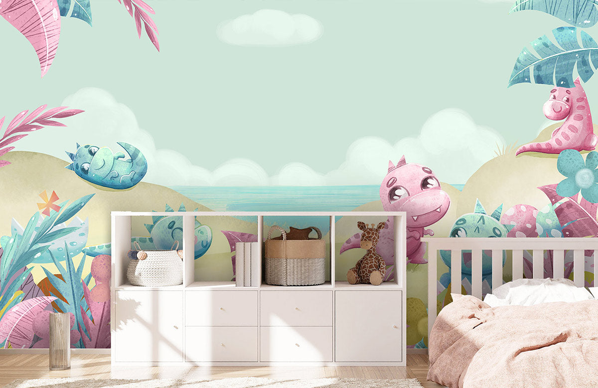 Whimsical Dinosaur Beach Mural Wallpaper