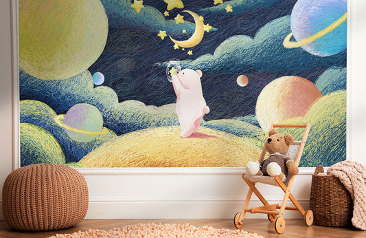 Whimsical Cosmic Planets Kids Mural Wallpaper