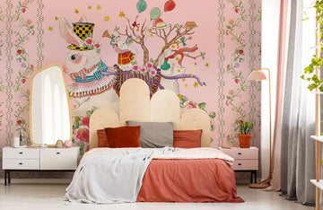 Whimsical Rabbit Floral Kids Mural Wallpaper