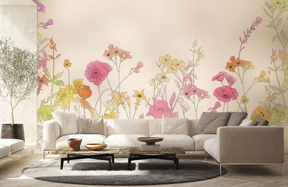 Papier Peint Panoramique Fleurs de Couleur Unie