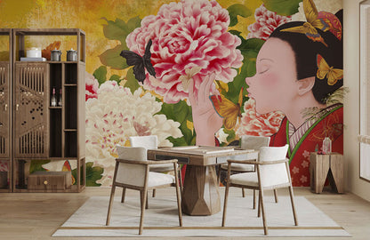 Elegante Muro con Carta da Parati a Peonia Giapponese e Farfalle