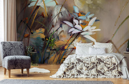 Papier peint mural en art de coups de pinceau floraux abstraits