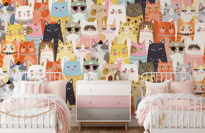 Colorful Playful Cat Illustration Mural Wallpaper