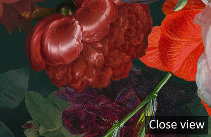 Luxurious dark floral mural wallpaper showcasing vintage botanical art design, close-up view of details.