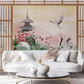 Cranes at Tranquil Pagoda Mural Wallpaper